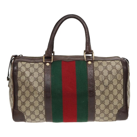 GUCCI GG Supreme Web Sherry Line Boston Bag PVC Beige Red Green Auth 84232 - Picture 2 of 16